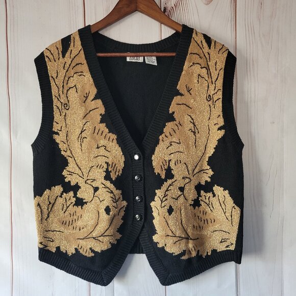 Vintage Lucia Button Up Sweater Vest Black/Gold Women’s M Granny Knit Vest - Picture 1 of 6